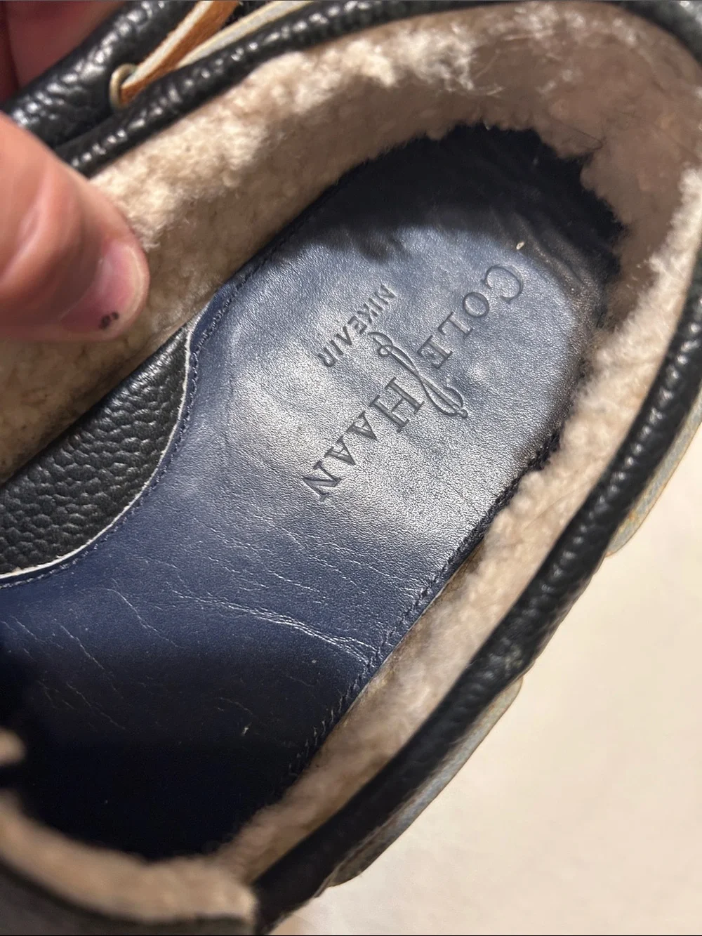 Cole Haan Black Leather Shearling-Lined Driving Moccasins with Brown Lace